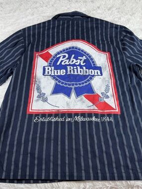 Pabst Blue Ribbon Navy Stripe Button-Down Shirt men’s medium Y2K company logo